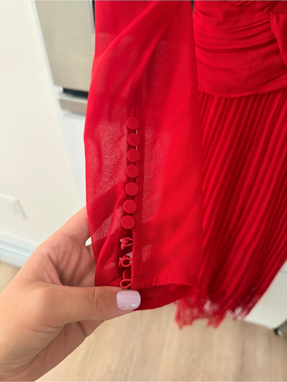 Self-Portrait Red Pleated & Ruched Long Sleeve Midi Dress - Picture 3 of 4